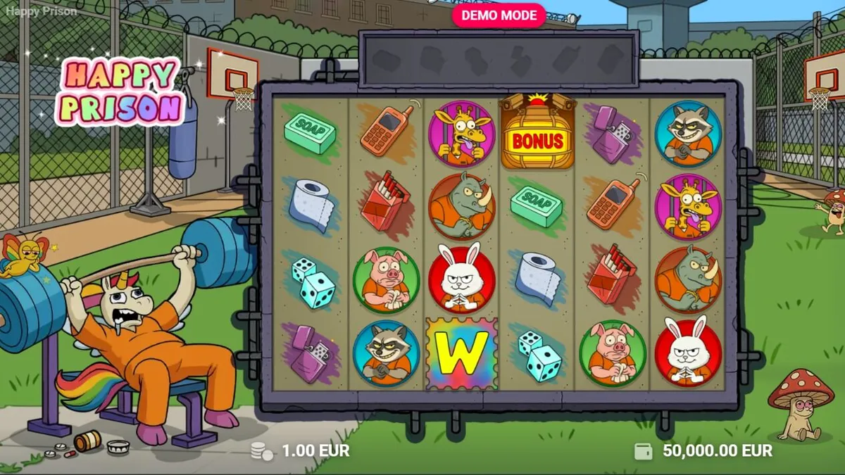 Tampilan visual slot Happy Prison dengan karakter kartun unik di balik jeruji besi.