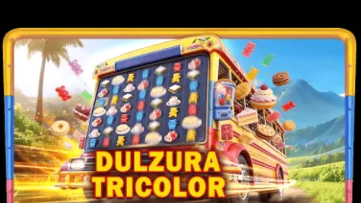 Tampilan visual slot Dulzura Tricolor dengan tema permen dan pemandangan Kolombia